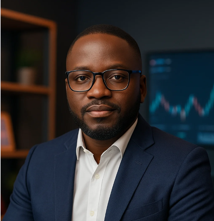 Retrato profissional de um homem negro de meia-idade, com óculos de armação preta, barba curta e expressão confiante. Ele veste um terno azul-marinho sobre uma camisa branca, em um ambiente de escritório moderno com prateleiras de madeira ao fundo e um monitor exibindo gráficos financeiros.